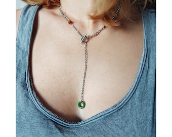 Stainless Steel RUDRAKSHA and JADE chain lariat / Yogini green Jade & Rudraksha spiritual power necklace