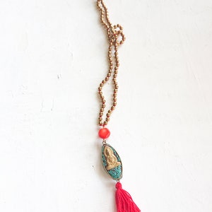 BUDDHA BEADS long necklace // 200 Gold Hematite Beads // Tibetan Buddha pendant / coral and turquoise stone image 3