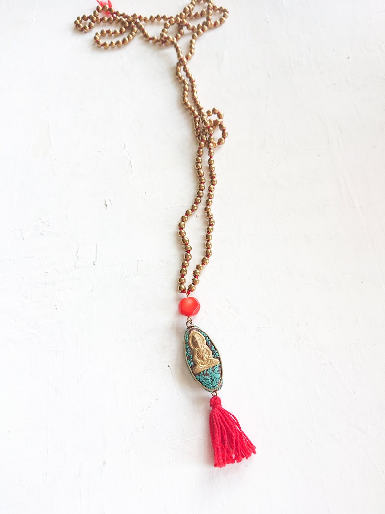 BUDDHA BEADS long necklace // 200 Gold Hematite Beads // Tibetan Buddha pendant / coral and turquoise stone image 3