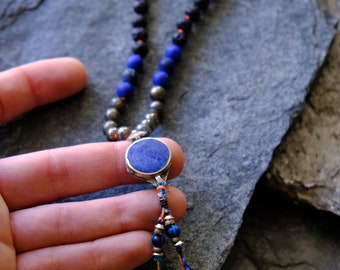 ALTAR MALA volcanic lava necklace with Antique Lapis Lazuli pendant / bohemian Maya necklace