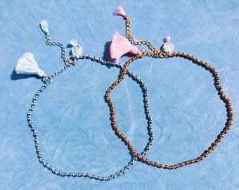 Moonstone ANKLET silver or gold hematite and SILK / handcut Moonstone from India / Yogini aklet / Yoga Ankle Bracelet / Pink or Blue Tassel