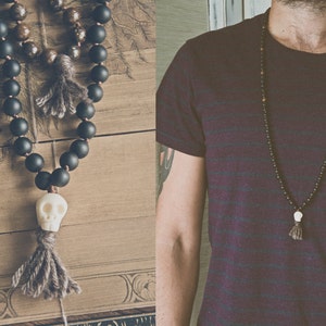 BLACK KALI MALA long necklace with a carved bone Skull, Yak Wool tassels, lava beads, hindu mala, 108 bead mala, Yoga Necklace