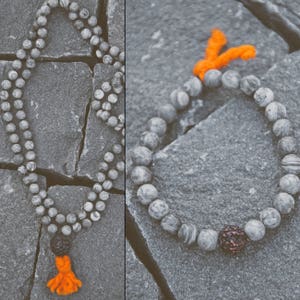 AGHORI bracelet / ash jasper and rudraksha / matte jasper stone / wool tassel / stretch bracelet zdjęcie 4