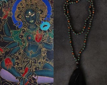 Black Tara Mala • 108 Jade and Hematite Beads • Yak Bone & Silk Tassel Necklace