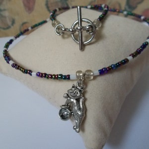 Little Girls multi-colored prism glass beaded, wire necklace with Pewter Cat in the fish bowl Pendant,handmade,