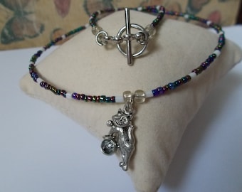 Little Girls multi-colored prism glass beaded, wire necklace with Pewter Cat in the fish bowl Pendant,handmade,
