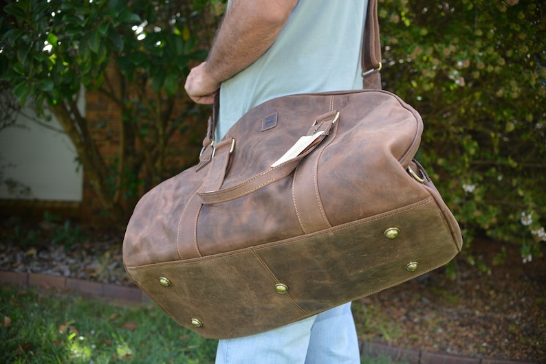 22 Inch Duffle Bag / Overnight Bag / Weekend Bag / Carry On Luggage / Sports Bag Genuine Rustic Real Leather Brown Leather by Ebb Flow image 2