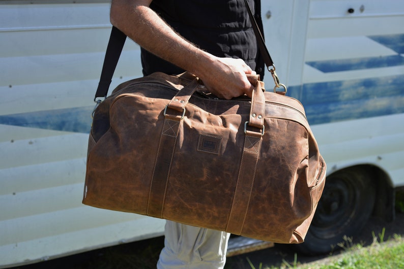 22 Inch Duffle Bag / Overnight Bag / Weekend Bag / Carry On Luggage / Sports Bag Genuine Rustic Real Leather Brown Leather by Ebb Flow image 4