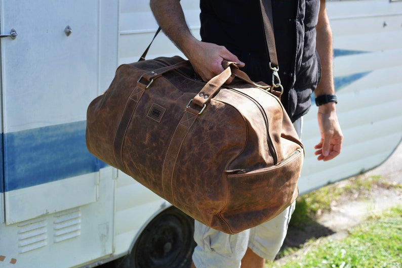 22 Inch Duffle Bag / Overnight Bag / Weekend Bag / Carry On Luggage / Sports Bag Genuine Rustic Real Leather Brown Leather by Ebb Flow image 3