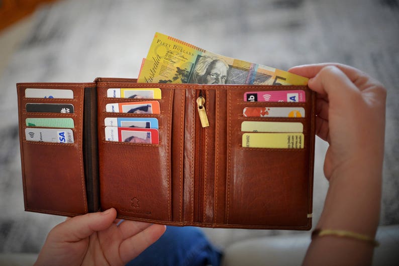 Unisex Tri-Fold Wallet Natural Vegetable Tan Leather Wallet Black/Brown/Deep Rich Tan/Handmade Gift image 2