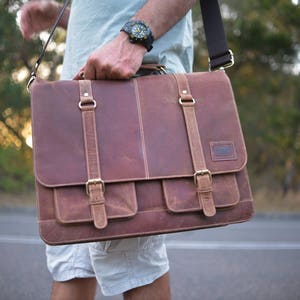 15 Inch Leather Satchel / Leather Laptop Bag / Vintage Leather Briefcase / Rustic Briefcase / Mens Briefcase Genuine Real Leather image 1