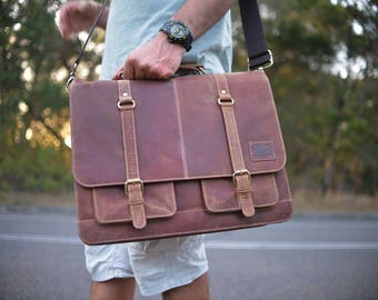 15 Inch Leather Satchel / Leather Laptop Bag / Vintage Leather Briefcase /  Rustic Briefcase / Mens Briefcase Genuine Real Leather