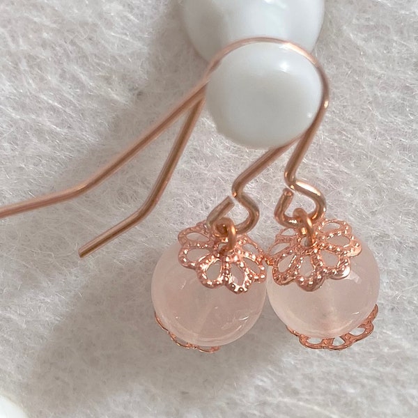 Jane Austen Poldark Bridgerton era Regency Georgian style Rose Gold Filigree Bead Cups & Natural Gemstone Dropper Earrings - Truly Venusian