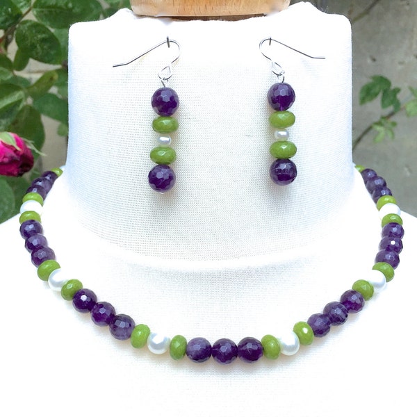 Suffragette Jewelry 925 Sterling Silver Amethyst, Peridot and Pearl Albert Clasp Necklace & Earrings Set - Truly Venusian