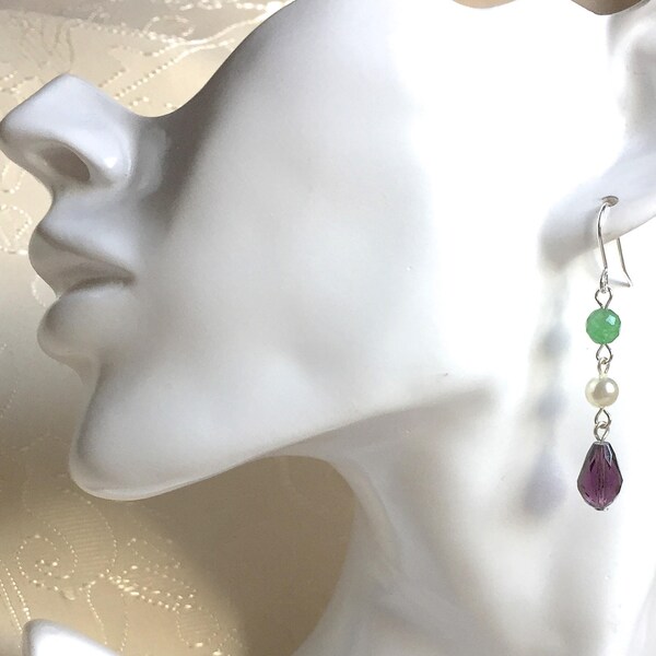 Suffragette style Jewelry Downton Abbey era 925 Sterling Silver Gemstone Crystal Pearl Dropper Dangle Earrings - Truly Venusian