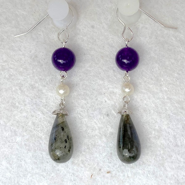 Suffragette style Jewelry Downton Abbey era 925 Sterling Silver Amethyst Labradorite and Seed Pearl Dropper Earrings - Truly Venusian