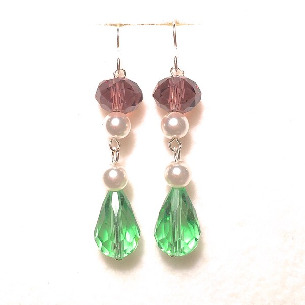 Suffragette style Jewelry Downton Abbey era 925 Sterling Silver Purple & Green Crystal Edwardian style Dropper Earrings - Truly Venusian