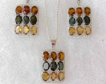 Mrs Wallis Simpson era Multicolour Tourmaline Edwardian Art Deco style Pendant Earrings & Ring (USA 8) Set - Truly Venusian