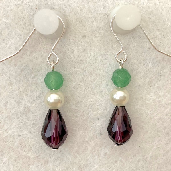 Suffragette style Jewelry Downton Abbey era 925 Sterling Silver Plated Crystal Pearl and Jade Dropper Earrings - Truly Venusian