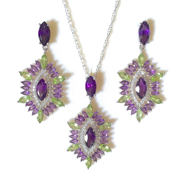 Suffragette style Jewelry Amethyst & Peridot Edwardian style Cluster Pendant and Dropper Earrings - Truly Venusian