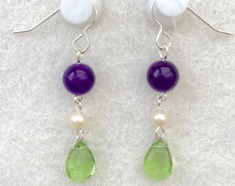 Truly Venusian Suffragette Jewellery 925 Sterling Silver Amethyst Peridot Seed Pearl Dropper Earrings