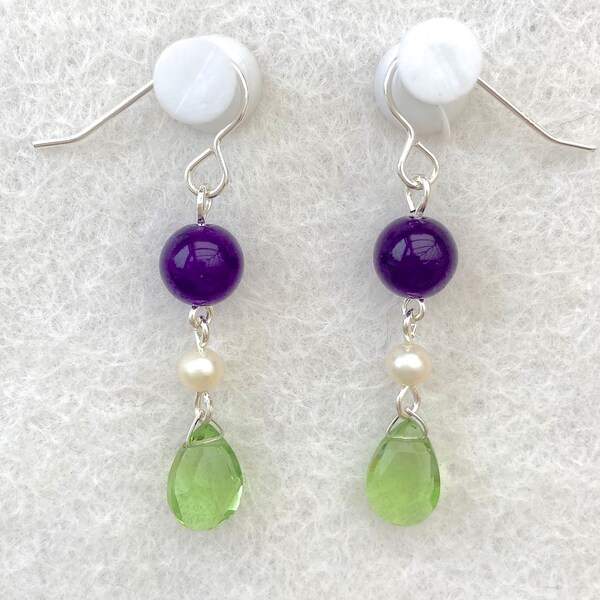 Suffragette Jewelry Downton Abbey era 925 Sterling Silver Amethyst, Peridot & Seed Pearl Art Deco style Dropper Earrings - Truly Venusian