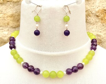 Truly Venusian Suffragette Jewellery 925 Sterling Silver Amethyst Peridot Seed Pearl Dropper Earrings