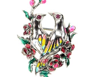 Victorian Edwardian style Downton Abbey era Ruby & Enamel Floral Foliate Garland Love Birds in Love Nest design Brooch: Truly Venusian