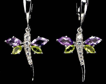 Truly Venusian Suffragette Jewellery 925 Sterling Silver Amethyst Peridot Seed Pearl Dropper Earrings