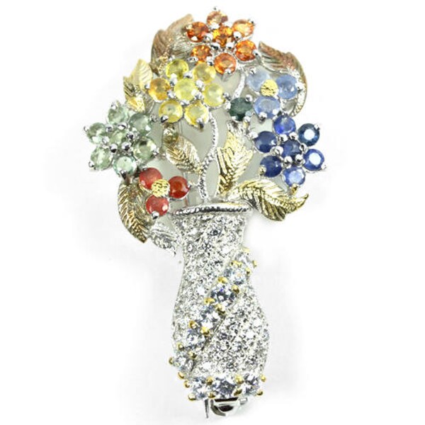 Her Majesty Queen Elizabeth II in Memoriam Multicolour Sapphire Floral Cluster setting Vase Bouquet design Brooch: Truly Venusian