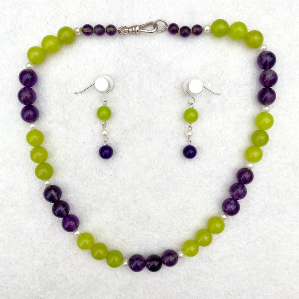 Suffragette Jewelry 925 Sterling Silver Amethyst, Peridot, Seed Pearl Necklace & Dropper Earrings - Truly Venusian