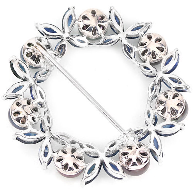 Edwardian Mrs Wallis Simpson White Gold Vermeil Sapphire /& Black Freshwater Pearls Retro Floral Wreath Circular Brooch Truly Venusian