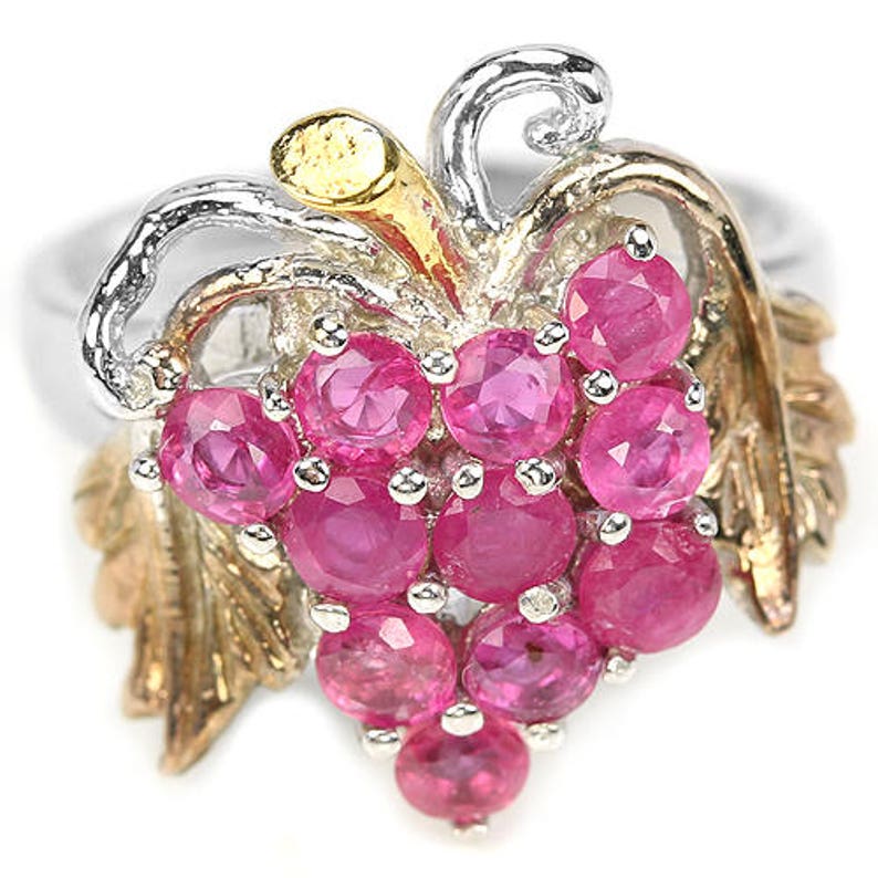 Baroque Versailles Marie Antoinette 14k White Yellow /& Rose Gold Vermeil Ruby Grapes and Vine Leaves Ring USA 8, UK Q Truly Venusian