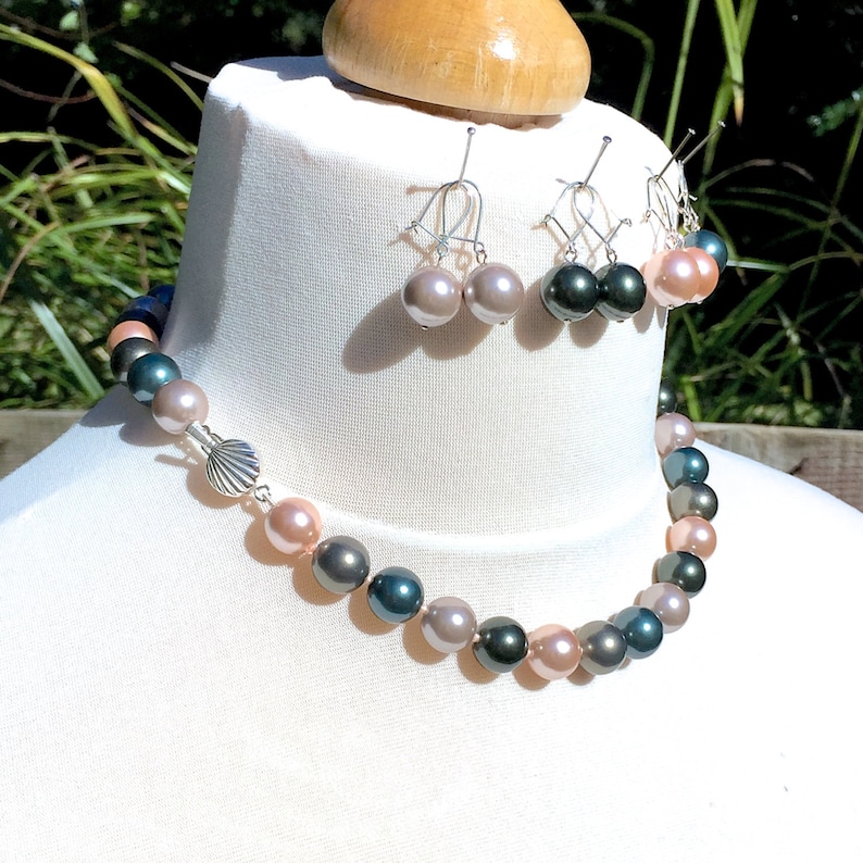 Retro Movie Goddess 925 Sterling Silver Seashell Multicolour 12mm South Sea Shell Pearl Necklace /& Dropper Earrings Set