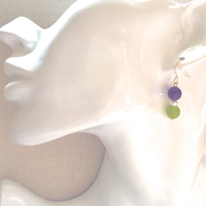Truly Venusian Suffragette Jewellery 925 Sterling Silver Amethyst Peridot Seed Pearl Dropper Earrings
