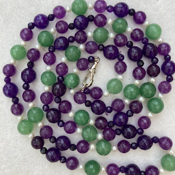 Suffragette style Jewellery 925 Sterling Silver Albert Clasp, Amethyst, Jade, Seed Pearl 40" Necklace & Dropper Earrings - Truly Venusian