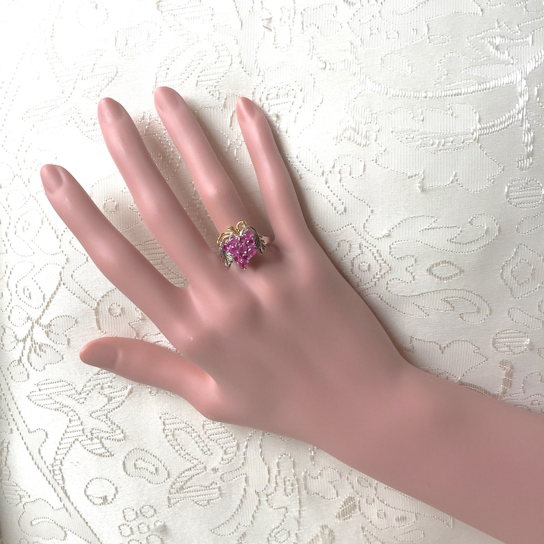 Baroque Versailles Marie Antoinette 14k White Yellow /& Rose Gold Vermeil Ruby Grapes and Vine Leaves Ring USA 8, UK Q Truly Venusian