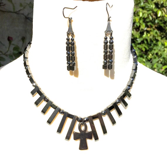 Egyptian theme Cleopatra Antique Black Hematite E… - image 1