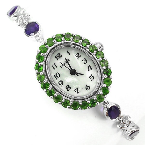 Suffragette style Jewelry Chrome Diopside & Amethyst Art Deco style 7 1/2" Bracelet Wrist Watch - Truly Venusian