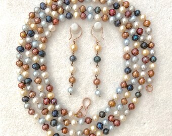 Edwardian Flapper style Multicolour Freshwater Pearls 56" Rope Necklace & Earrings Set Truly Venusian