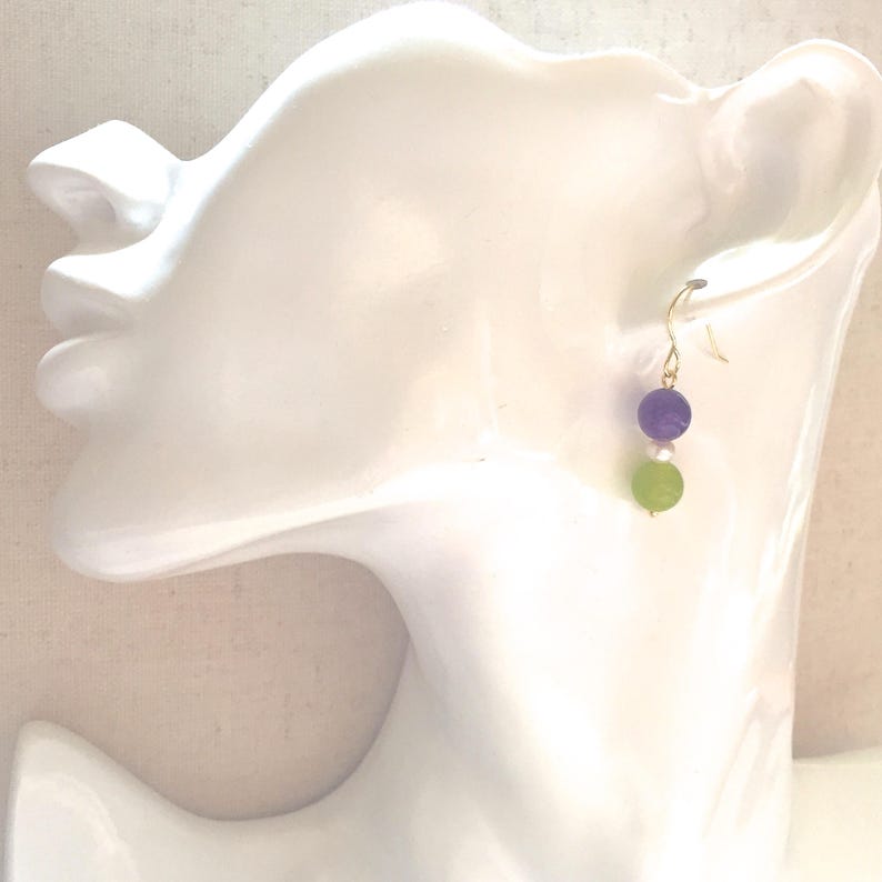 Truly Venusian Suffragette Jewellery 925 Sterling Silver Amethyst Peridot Seed Pearl Dropper Earrings