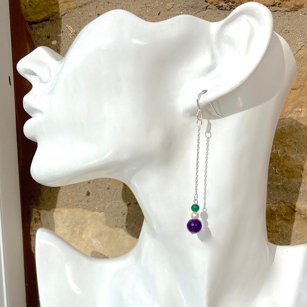 Suffragette style Jewelry Downton Abbey era 925 Sterling Silver Amethyst, Jade and Seed Pearl Dropper Earrings - Truly Venusian