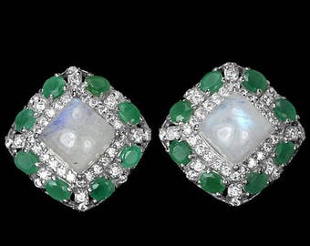 Mrs Wallis Simpson era Edwardian Art Deco style Emerald & Moonstone Cluster Stud Earrings - Truly Venusian