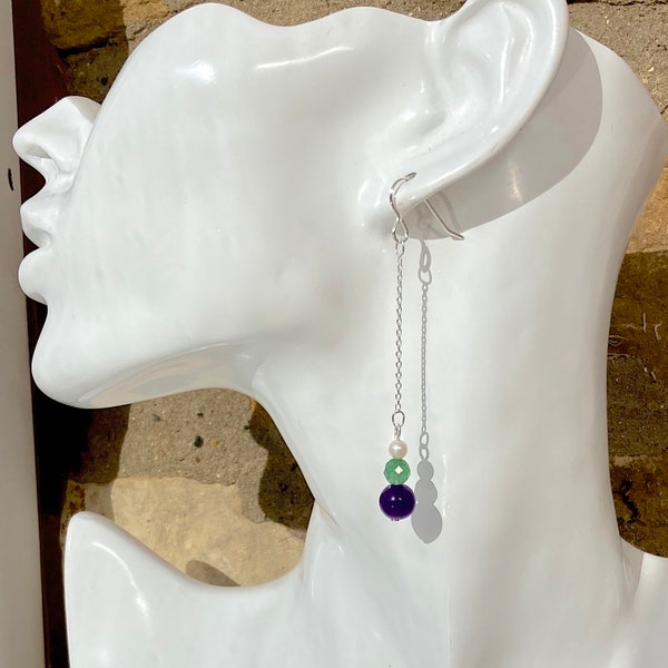 Suffragette style Jewelry Downton Abbey era 925 Sterling Silver Amethyst, Jade and Seed Pearl Dropper Earrings - Truly Venusian