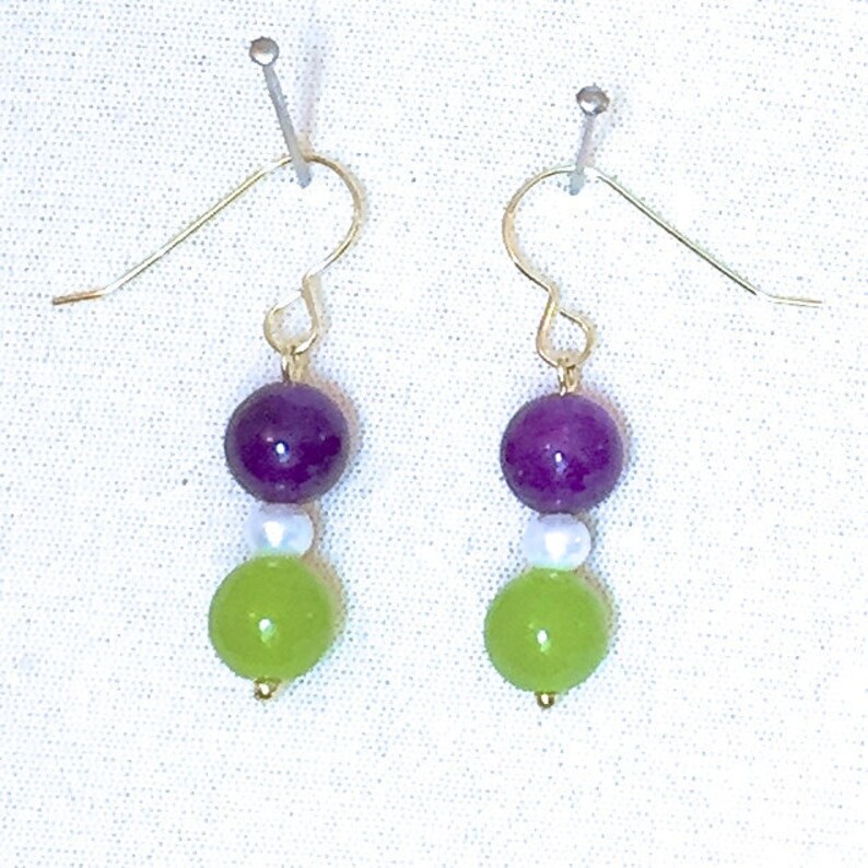 Truly Venusian Suffragette Jewellery 925 Sterling Silver Amethyst Peridot Seed Pearl Dropper Earrings