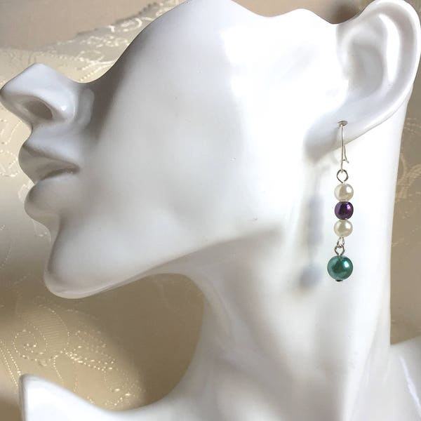 Suffragette style Jewelry Downton Abbey era 925 Sterling Silver Plated Purple Green White Crystal Pearl Dropper Earrings - Truly Venusian