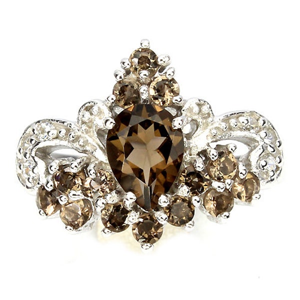 Victorian Mourning style Downton Abbey era Smokey Quartz Ornate design Dress Ring (UK N, USA 6.5) - Truly Venusian