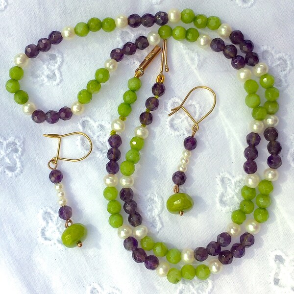 Suffragette Jewelry Downton Abbey era 9ct Rose Gold Amethyst Peridot Seed Pearl Necklace & Dropper Earrings Set - Truly Venusian