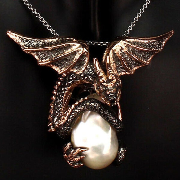 Mythology Fantasy Legend Dragon and Baroque Pearl Treasure Pendant Necklace - Truly Venusian