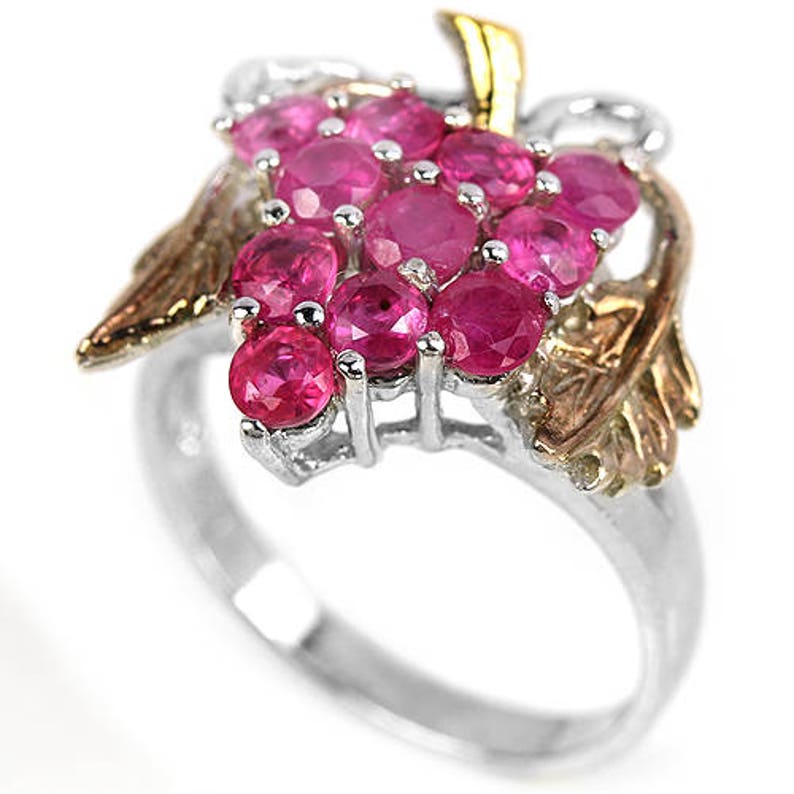 Baroque Versailles Marie Antoinette 14k White Yellow /& Rose Gold Vermeil Ruby Grapes and Vine Leaves Ring USA 8, UK Q Truly Venusian